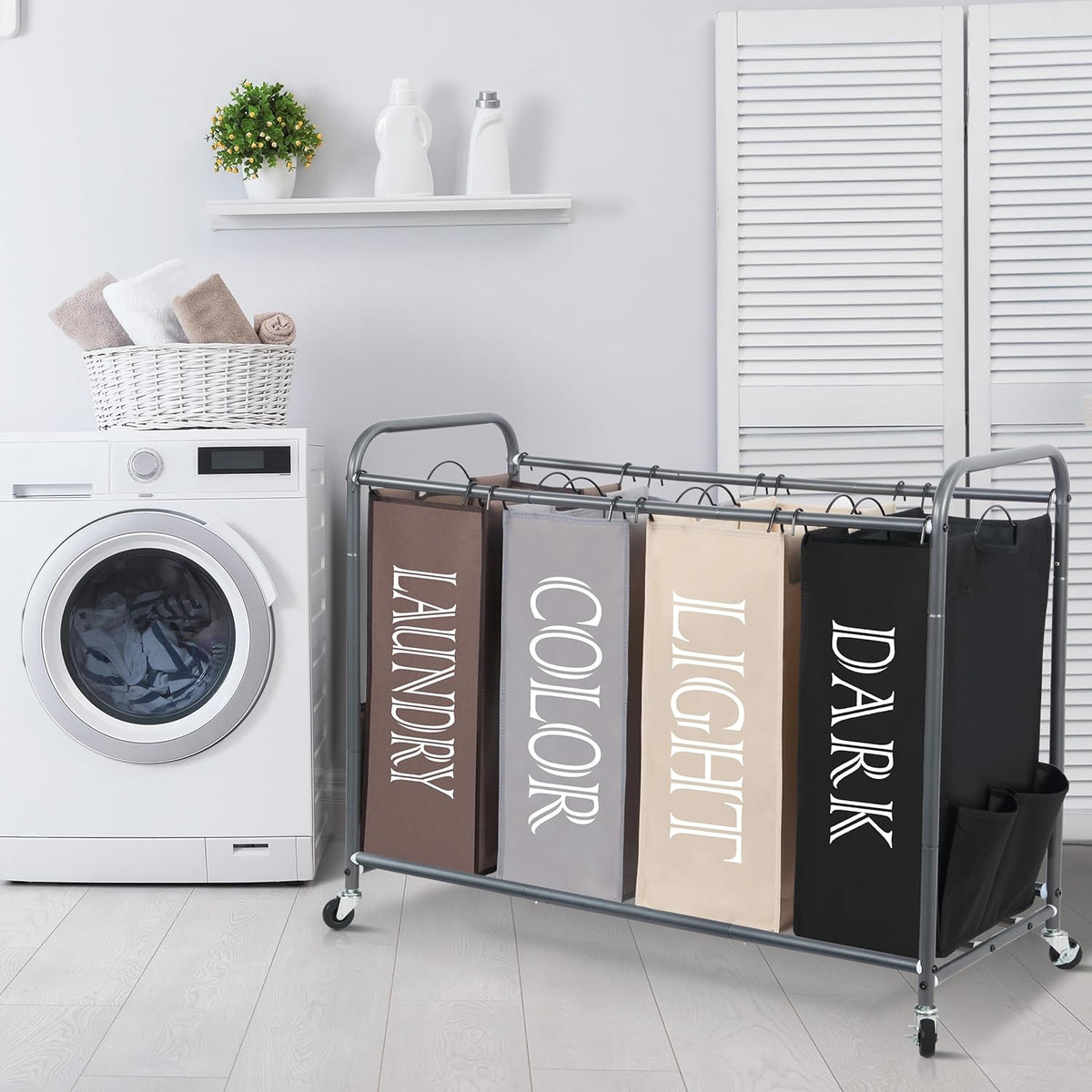 STORAGE MANIAC Laundry Sorter 4 Section, 47.8 Gal (181 L) Laundry Hamper with Wheels, Clothes Divider Basket Sorter, Clothes Separator Hamper Cart with Wheels and Removable Bags, Multicolored