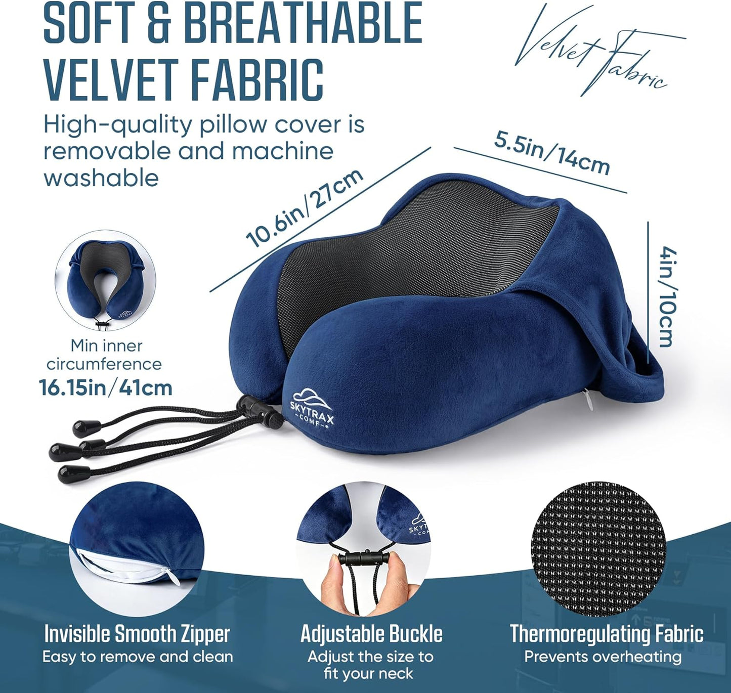 Travel Pillow with Extra Large Hood for Airplane Long Flights Privacy and Comfort Memory Foam with Velvet Cover for Road Trip Head&Neck Support for Plane Office Cars Sleeping & Rest (Navy Blue)