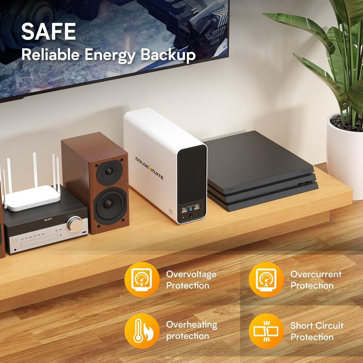 GOLDENMATE 1000VA/600W Lithium UPS Battery Backup & Surge Protector, White