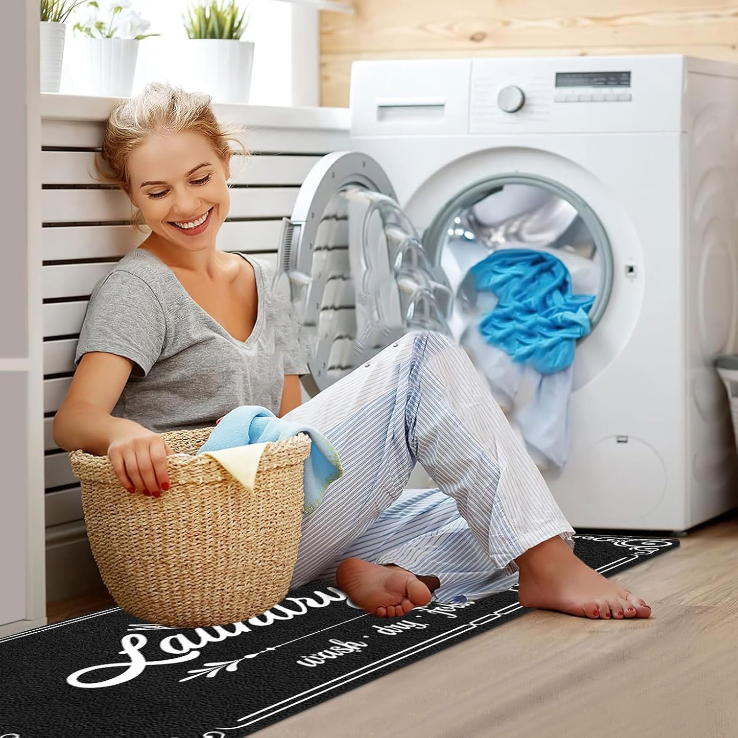 XLHOMO Laundry Room Rug Runner, 17"x60" Non Slip Black Nappa Leather Laundry Rugs, Farmhouse Washable Floor Laundry Mats for Laundry Room, Kitchen, Washroom, Bathroom, Mudroom, Hallway Entryway Decor