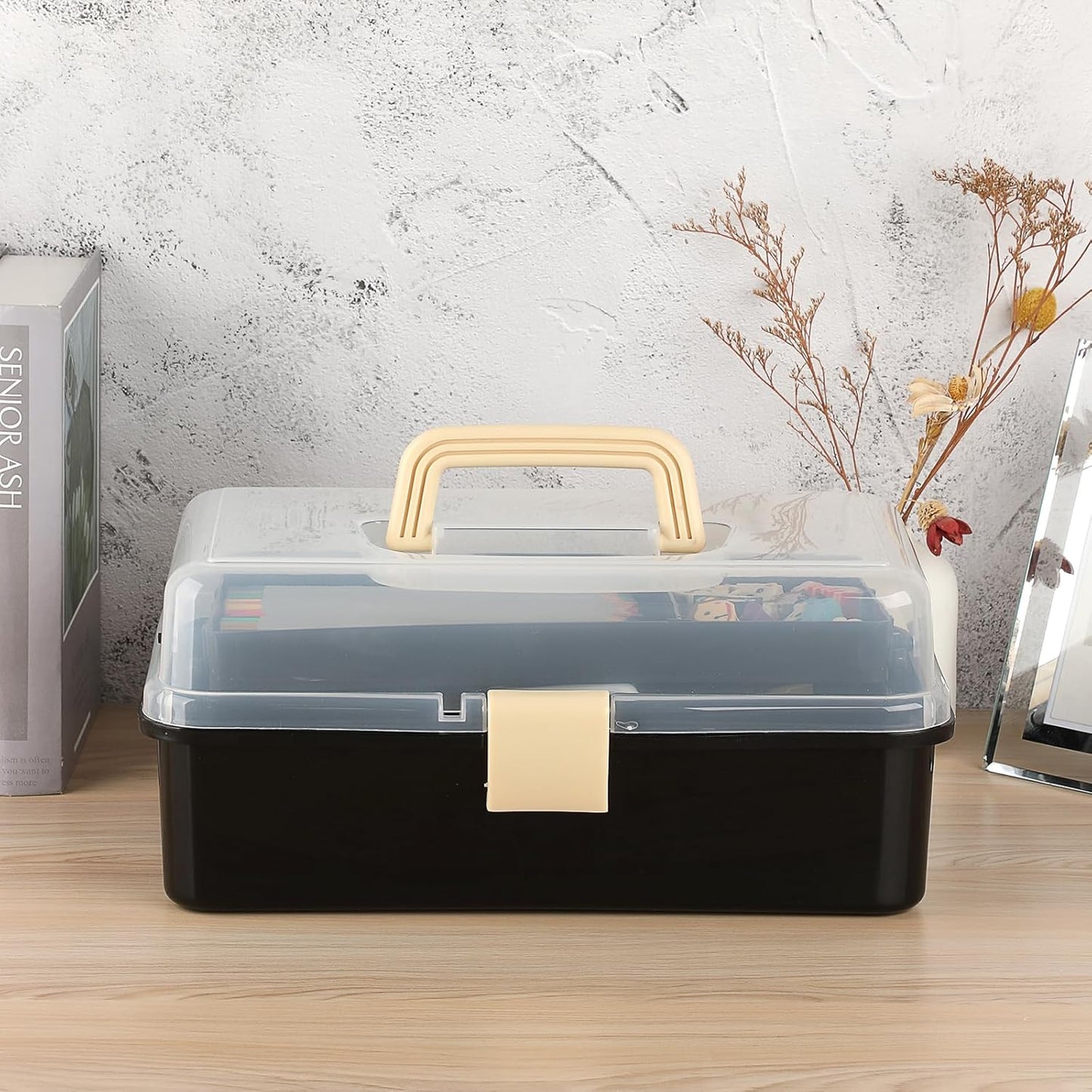 BTSKY 3-Layer Plastic Dividing Storage Box Craft Organizer with Adjustable Spacers Portable Handled Art Supply Organizer Multipurpose Home Utility Box for Sewing (Black+Beige)