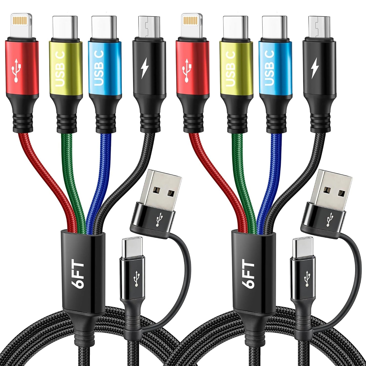 MINLU Dual USB-C 4 in 2 Multiple Charging Cable for All Devices with USBC/Lightning/Micro Ports,Type C Cable iPhone Charger Cord,Travel Car Charger for iPhone Series,Android,iPad,Kindle,PS - 2Pack/6Ft