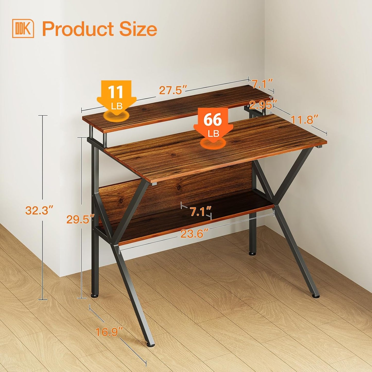 ODK Small Desk, 27.5 Inch Computer Desk for Small Spaces, Study Desk with Storage & Monitor Stand, Deep Brown