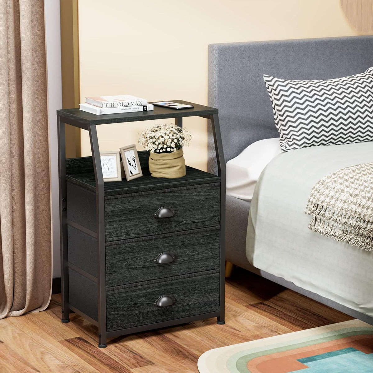 Furnulem Black Night Stand, Small Bedside Table for with 3 Fabric Drawers