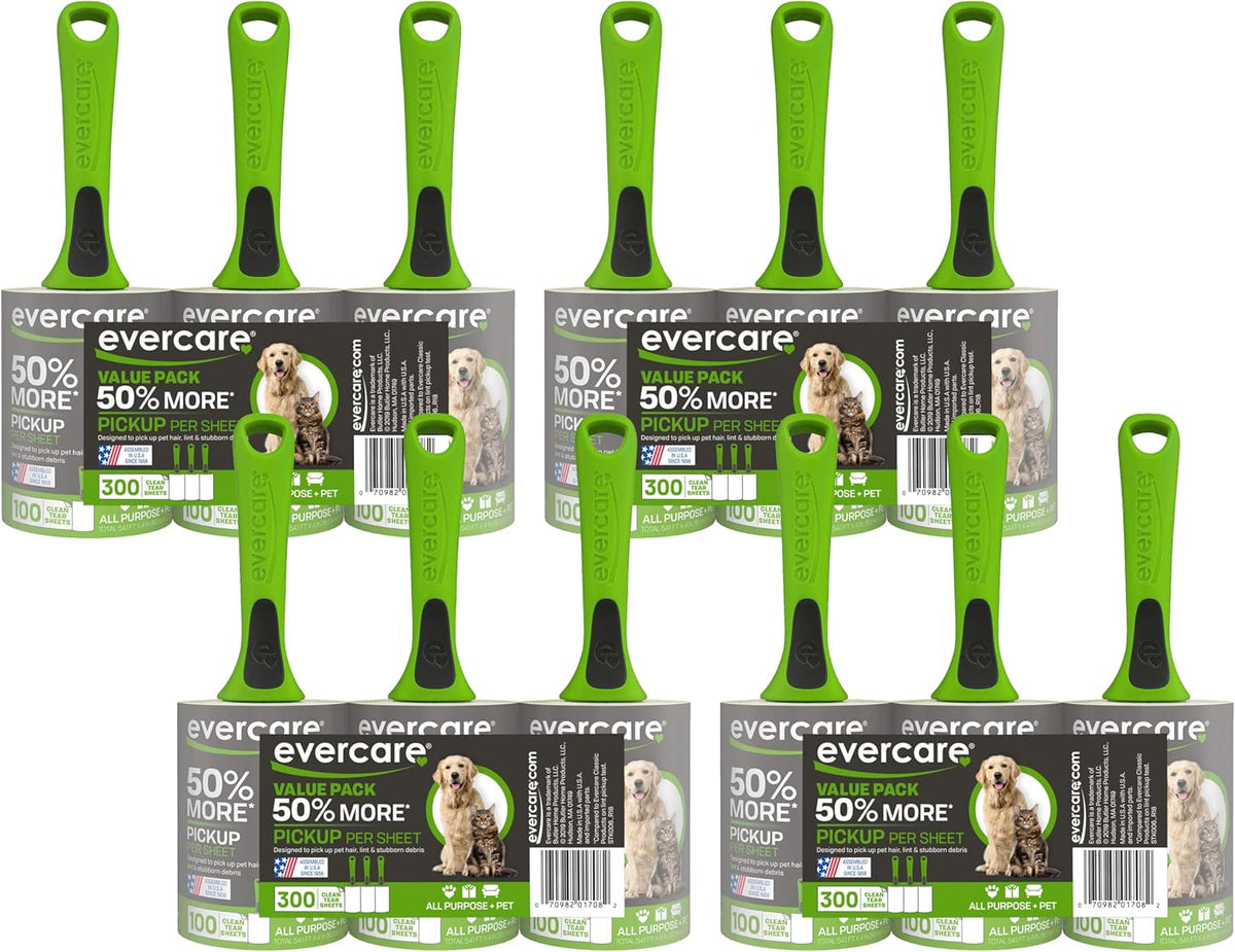 Evercare Pet Hair Lint Rollers All Purpose Use 100 Easy-Tear Sheets Per Roll Reusable Sticky Roller Pets Cat & Dog Hair Remover Contoured Handle For Furniture Clothing & Cars, Set of 3, Green