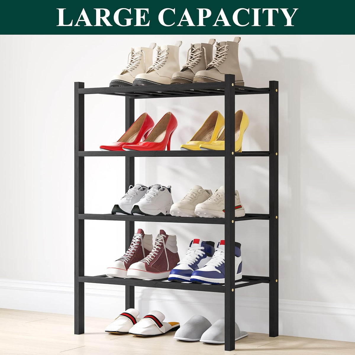 Smiry Bamboo Shoe Rack, 8 Vertical Slats, 4 Tier - 17.3" Wide, Black