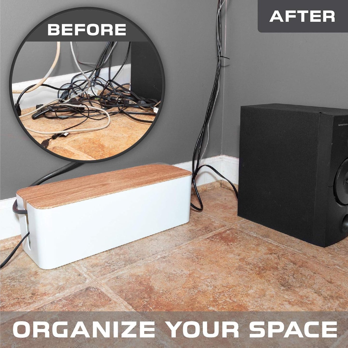 Iron Forge Cable Cable Management Box, 2 Pack - White with Wood Top | Cord Organizer & Cable Hider, For Wires, Power Strips & Surge Protectors, Includes Cable Sleeve, Hook & Loop Keepers