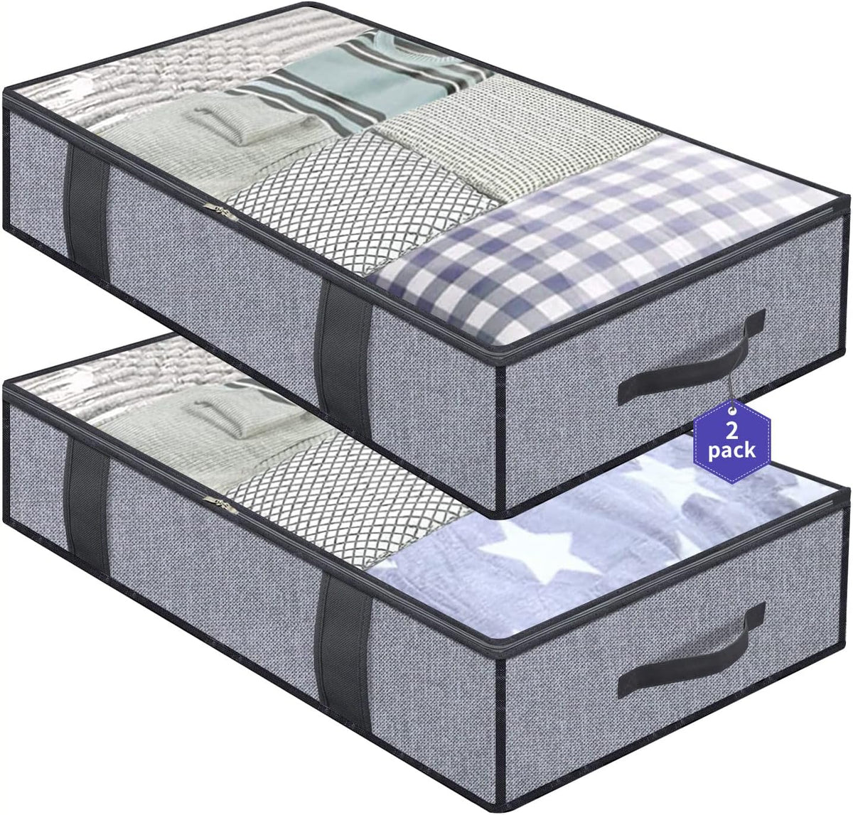 Onlyeasy Underbed Storage Bags Organizer, 4 Pack Large Capacity Under Bed Storage Containers with Reinforced Handles, Foldable Fabric Storage Bins with Clear Window, Herringbone Grey, 7MXRUBBP4