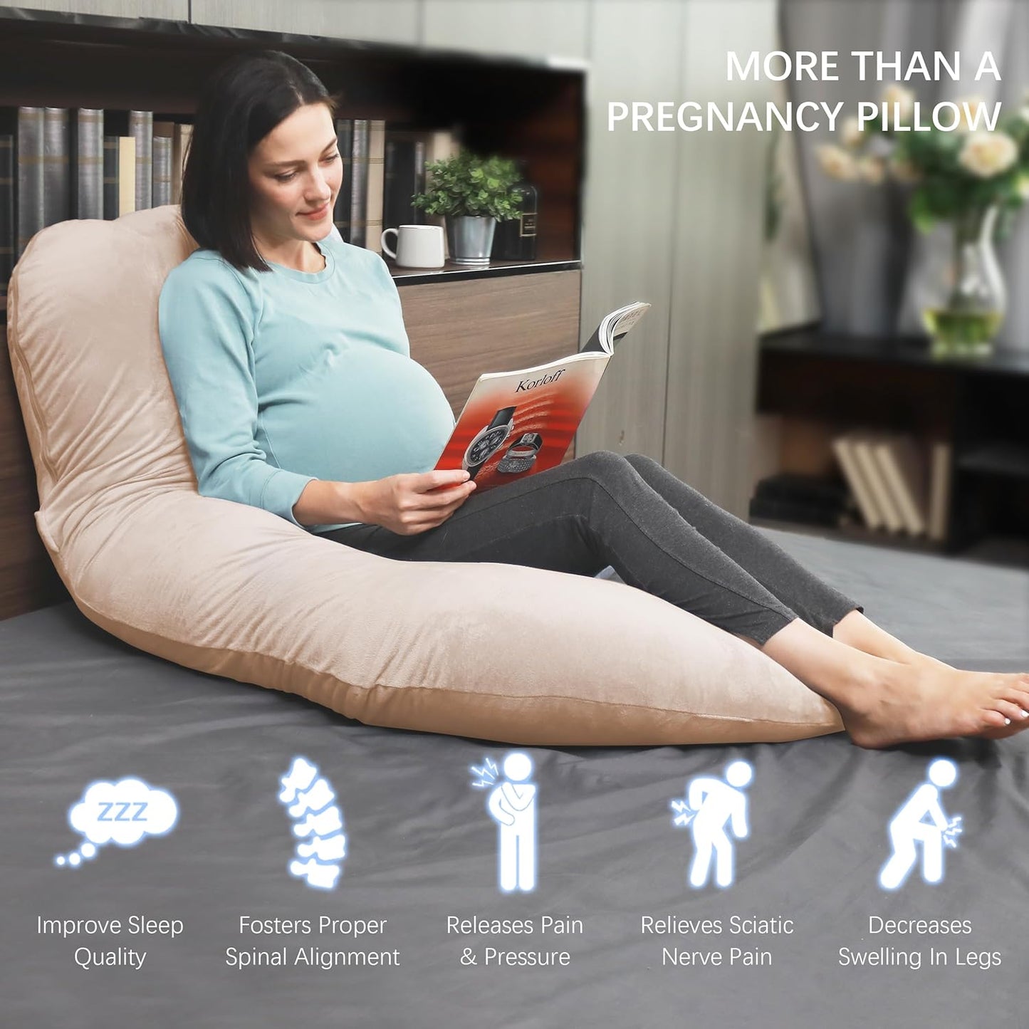 MOON PARK Pregnancy Pillows for Sleeping - U Shaped Full Body Maternity Pillow with Removable Cover - Support for Back, Legs, Belly, Hips - 57 Inch Pregnancy Pillow for Women - Brown
