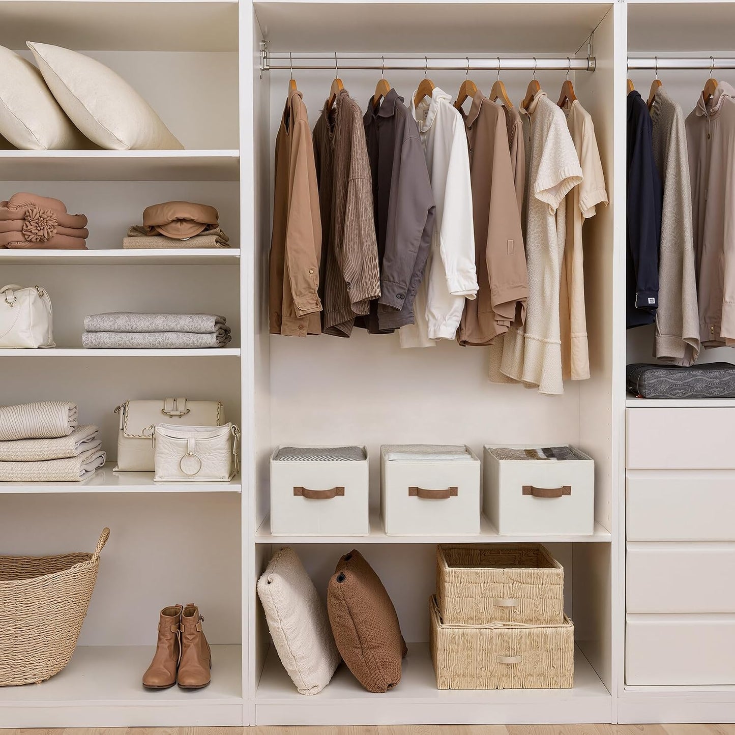 StorageWorks Closet Storage Bins with PU Handles, Ivory White, Large | Closet Organizers and Storage Bins, Foldable Shelf Baskets, Clothes Storage Basket for Organization