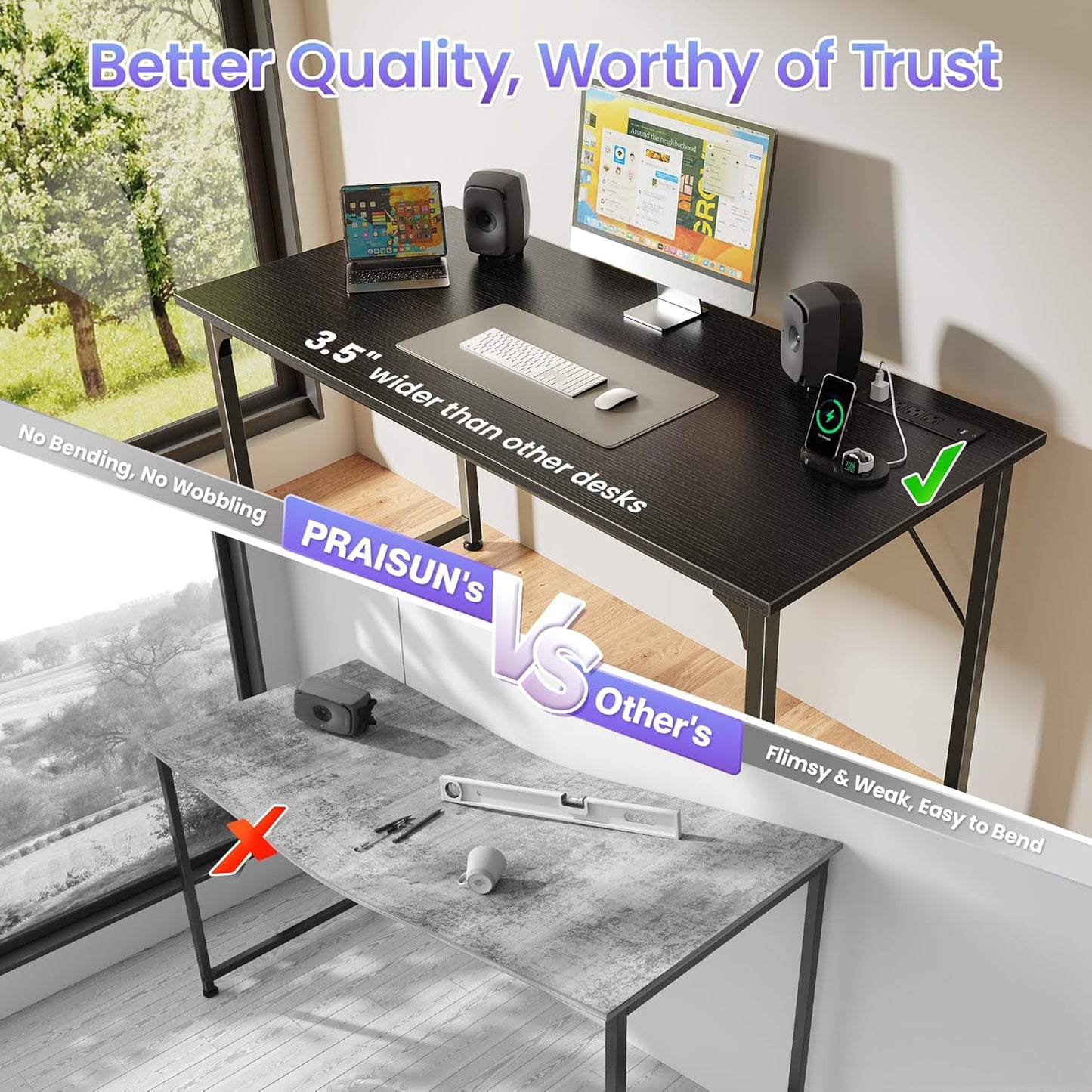 PRAISUN 47 X 20 Inch Office Computer Desk with Power Outlets and USB-C Port, Larger Gaming Desk, for Home Office, Study, Bedroom, Writing Work from Home Table, Metal Frame, Black