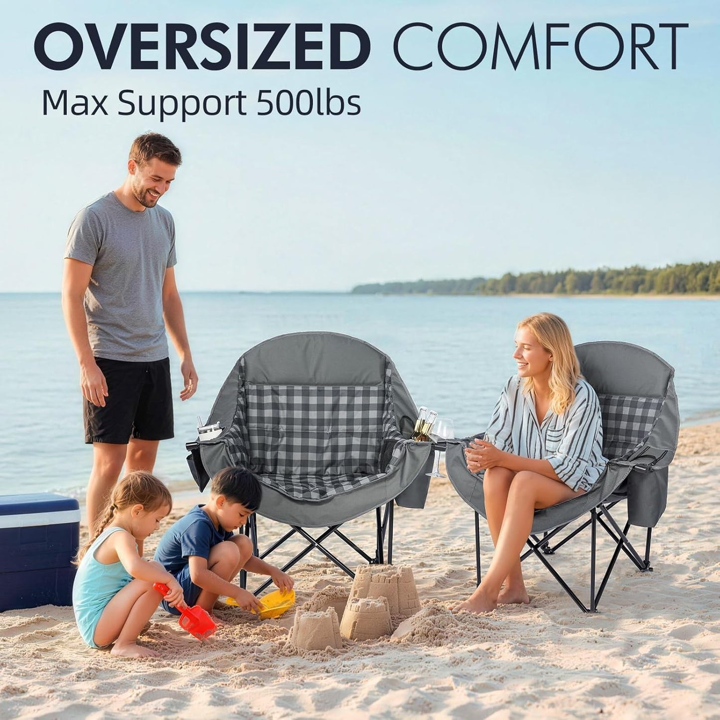Oversized Camping Chairs for Adults - Heavy Duty Padded Outdoor Folding Lawn XL Camp Chair with Cup Holder Cooler Pockets for Outside Sports Beach Fishing Garden Portable Supports 500lbs, Grey