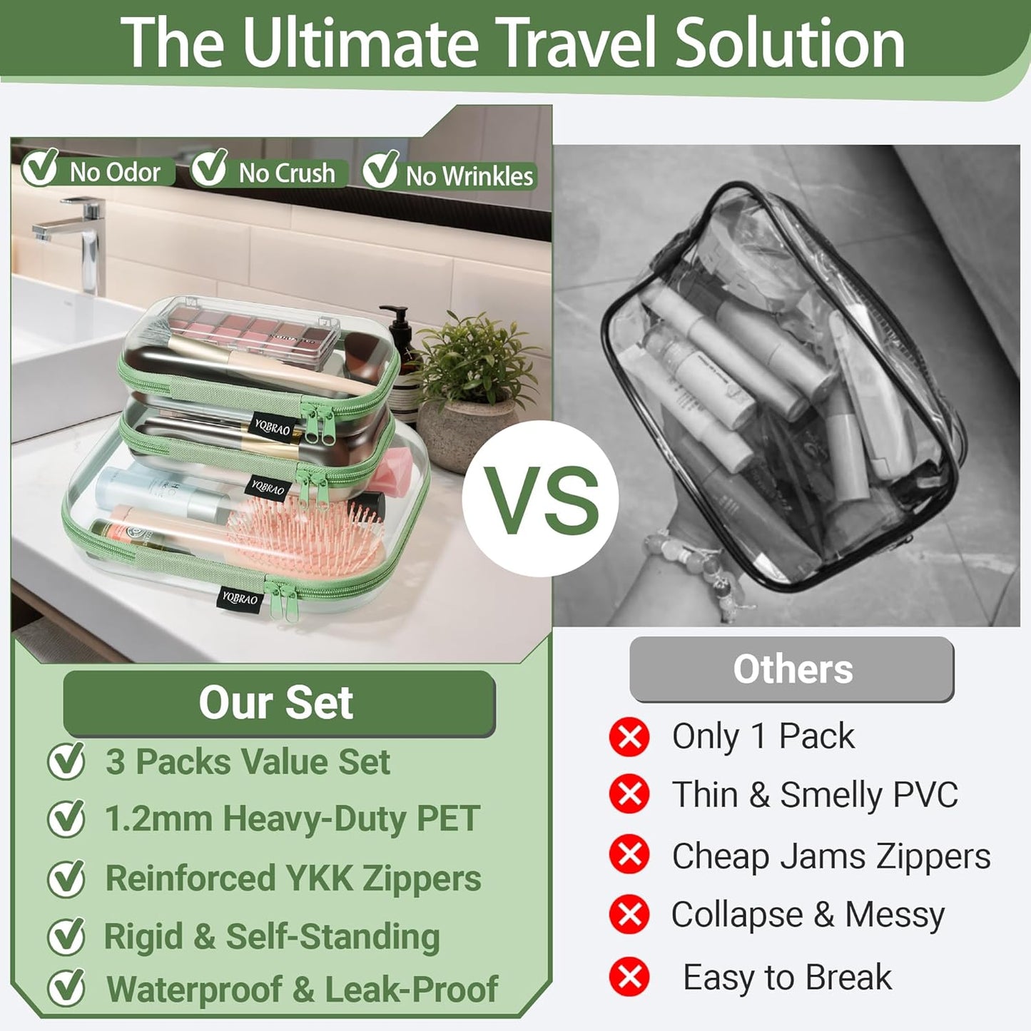 YQBRAO 3-Pack Clear Hard Shell Zipper Case Green, 1.2mm Heavy-Duty Crush-Proof Travel Makeup Bag, TSA Approved Clear Zipper Pouches, Rigid Toiletry & Diaper Bag Organizer for Tech, Toys & Art Supplies