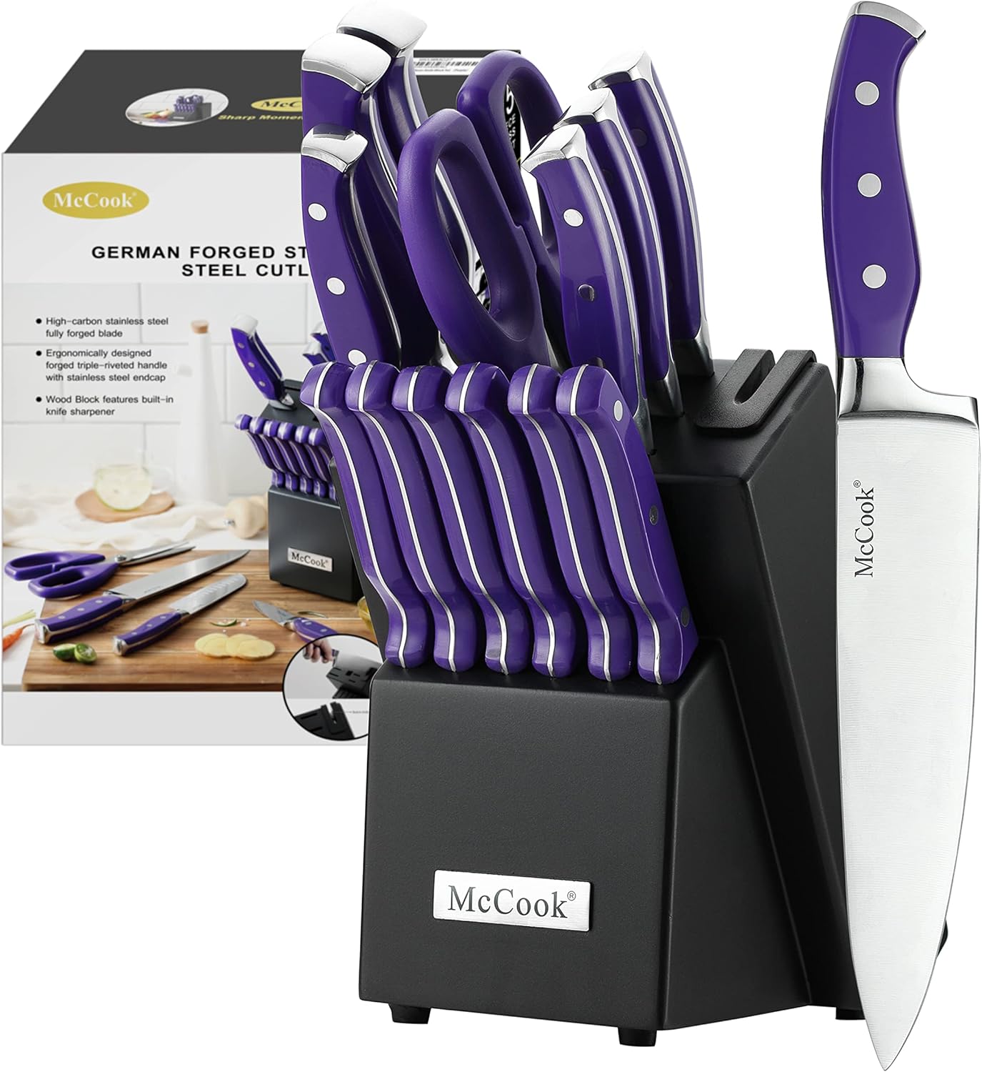 McCook® Knife Sets, German Stainless Steel Kitchen Knives Set with Built-in Sharpener and Wooden Block