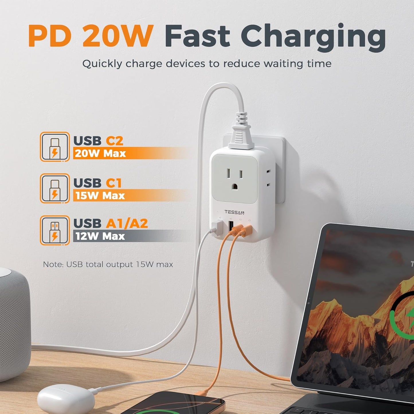 TESSAN USB C Charger Block 20W PD, Fast Charging Adapter with Foldable Plug, 1875W Power Outlet Extender(4 AC and 4 USB) for Cruise, Home, Office, Dorm Room Essentials, Grey