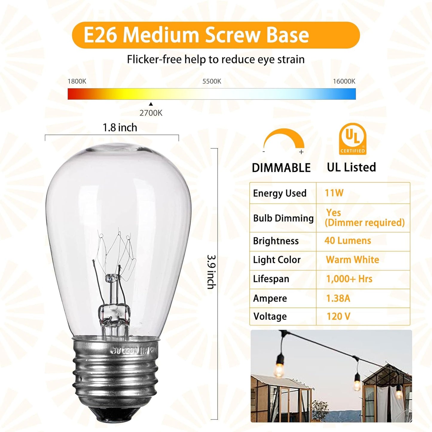 26 Pack S14 Incandescent Light Bulbs - 11W 2700K Warm White, Waterproof Glass, Dimmable E26 Edison Bulbs for Outdoor String Lights, Patio Lighting & Replacement Bulbs, UL Listed