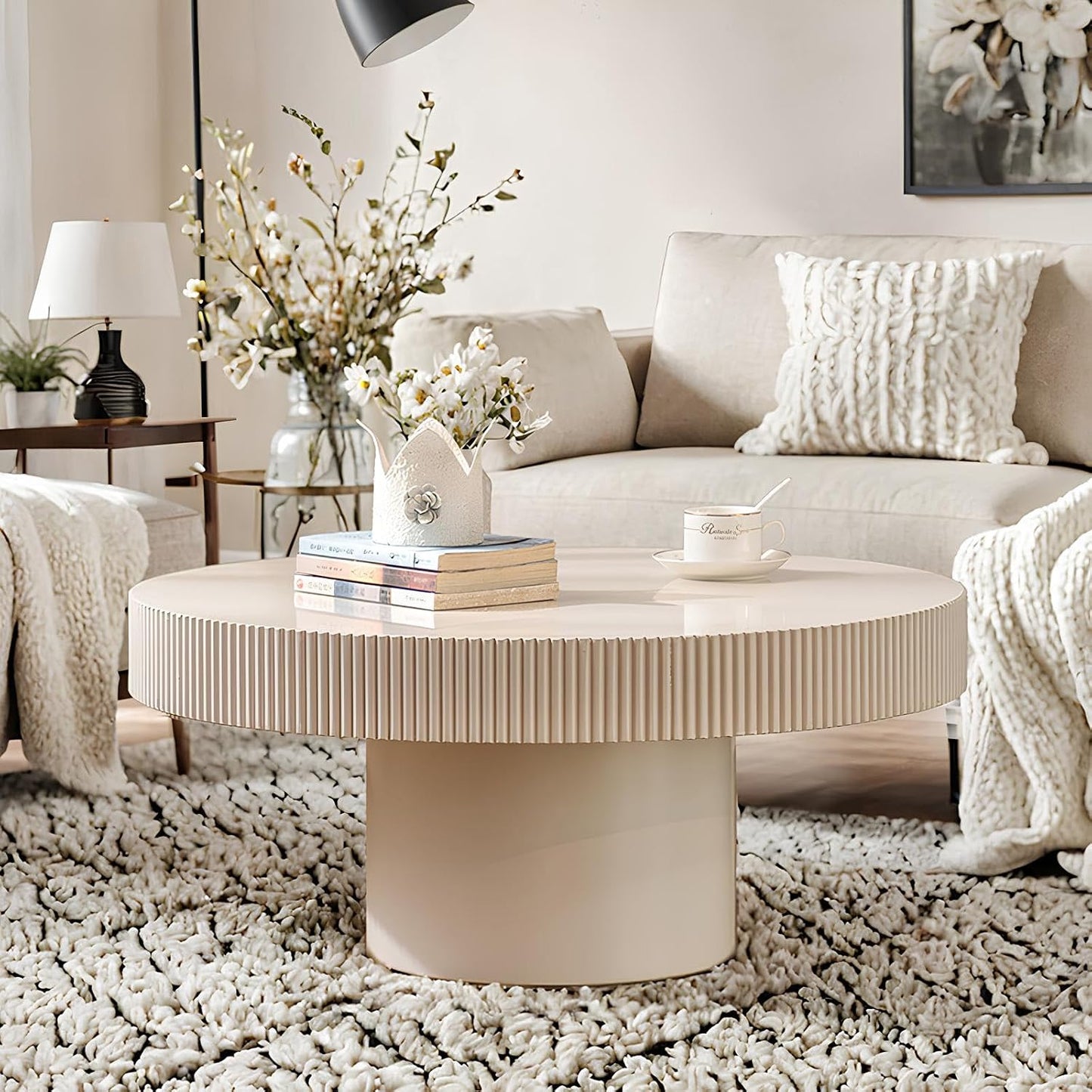 30.71'' Round Coffee Table (White Thin) | Modern Handcraft Drum Coffee Table, Unique Fluted, Wood Center Table, For Living Room, Small Space, Farmhouse, Apartment
