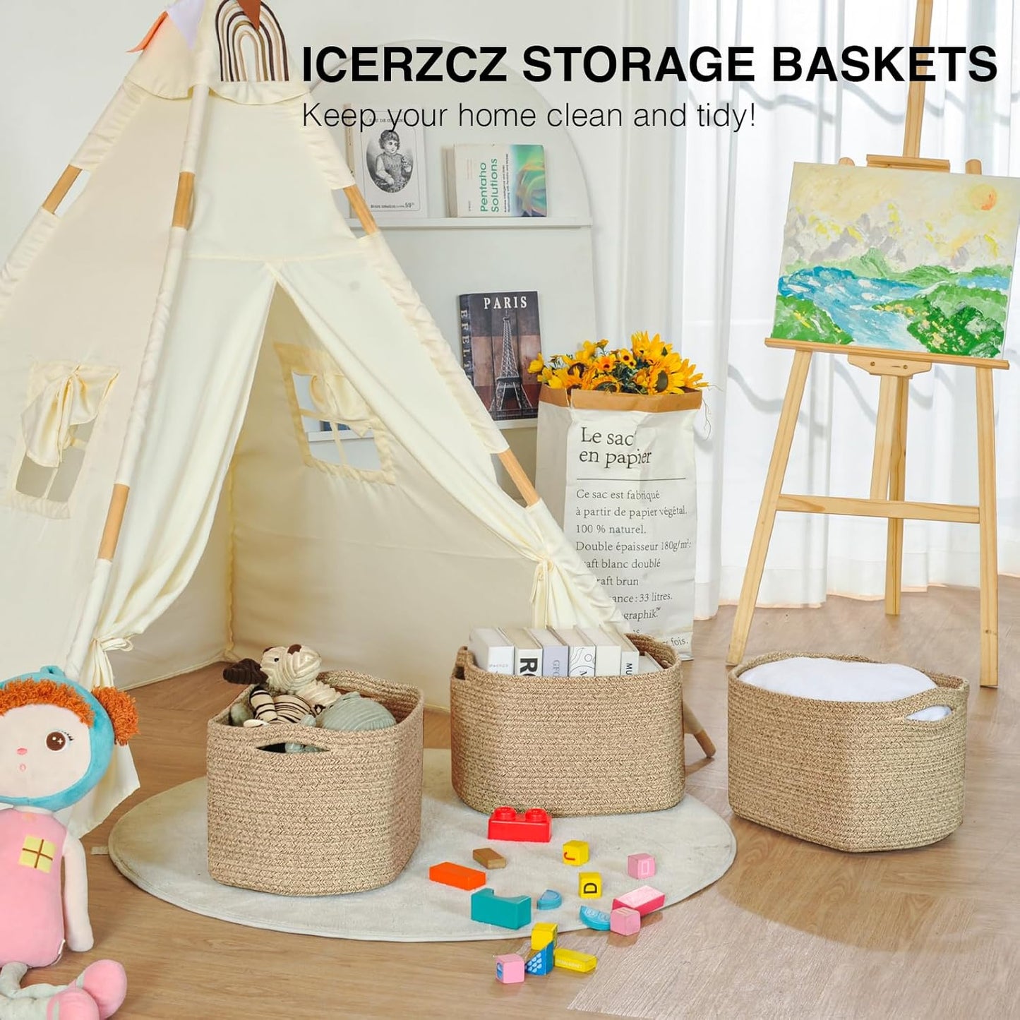 ICERZCZ Decorative Storage Baskets for Organizing Shelves, Toy Basket for Nursery, Woven Cotton Rope Baskets for Decor, Towel Basket for Bathroom, 15"x11"x9.5", 3 Packs, Brown