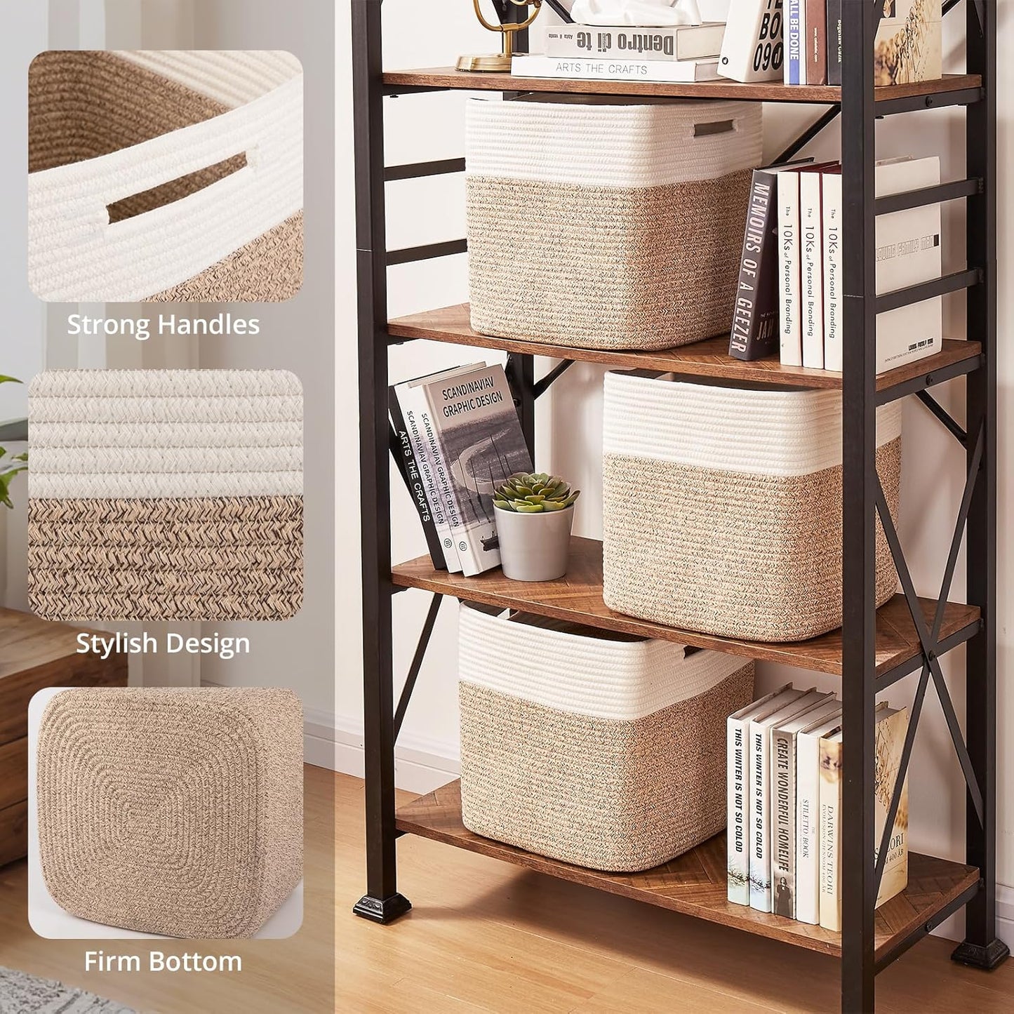 OIAHOMY 13 Inch Cube Storage Bins, 3-Pack Cotton Rope Woven Baskets for Organizing, Insert Storage Baskets for Shelves, Baby Nursery, Closet Organizer, 13 * 13 * 12.6IN, Brown & White