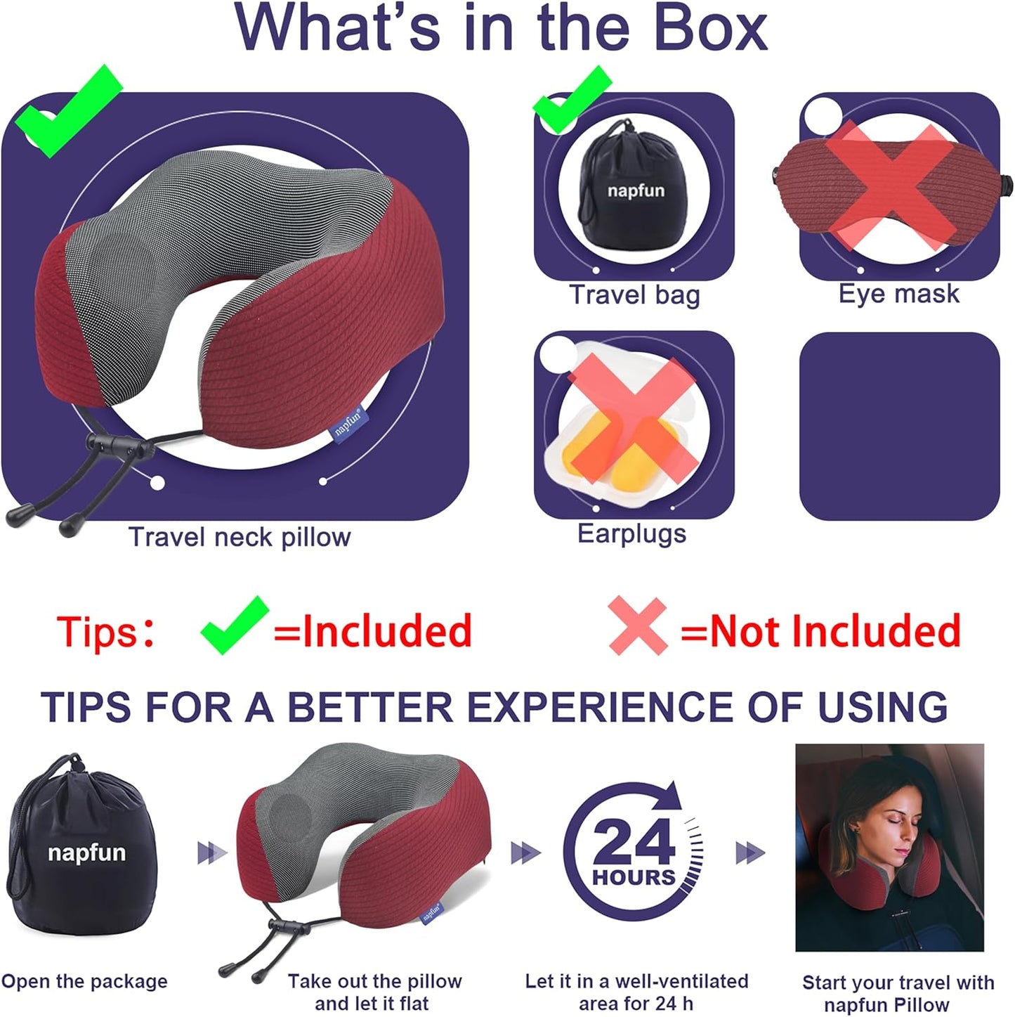 napfun Neck Pillow for Traveling, Upgraded Travel Neck Pillow for Airplane 100% Pure Memory Foam Travel Pillow for Flight Headrest Sleep, Portable Plane Accessories, Burgundy