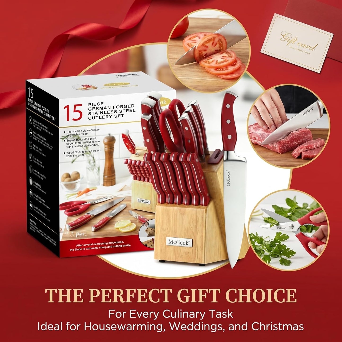 McCook® Stainless Steel Kitchen Knife Sets with Wooden Block, Kitchen Scissors and Built-in Sharpener, Red