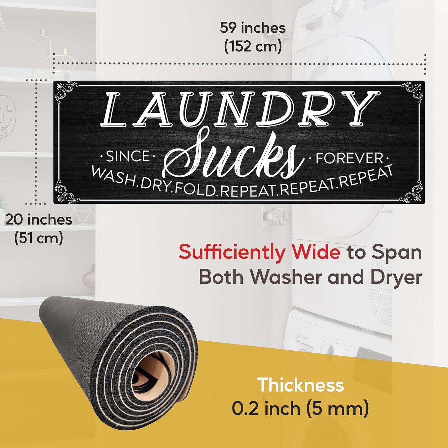 Tapeera Farmhouse Laundry Mat - 20" x 59" Non-Slip Rubber Backed Rug for Bathroom & Laundry Room Decor (Black)