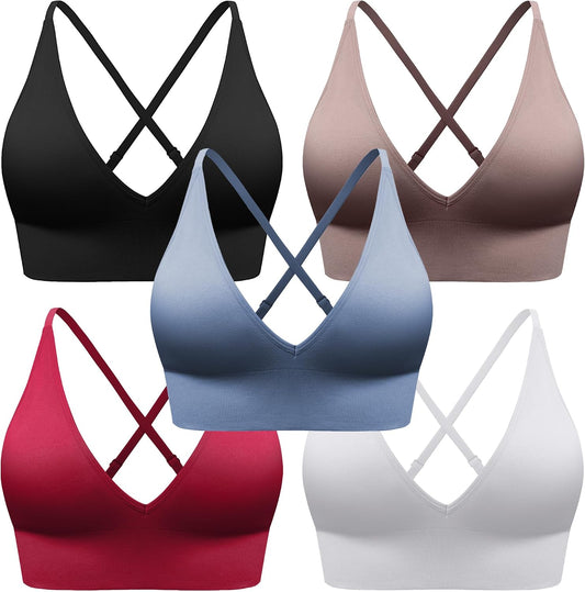 Women's V Neck Sports Bras, Adjustable Seamless Wireless Padded Bralettes
