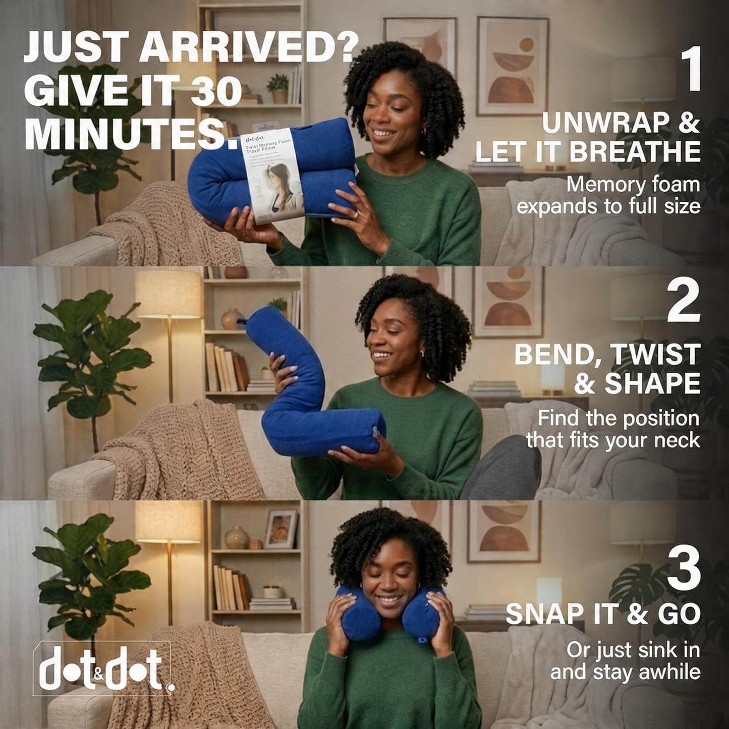 Dot&Dot Twist Memory Foam Travel Pillow for Airplanes - Travel Neck Pillow for Sleeping - Airplane Pillow for Neck Support - Adjustable, Bendable Neck Roll Pillow (Sapphire, One Size)