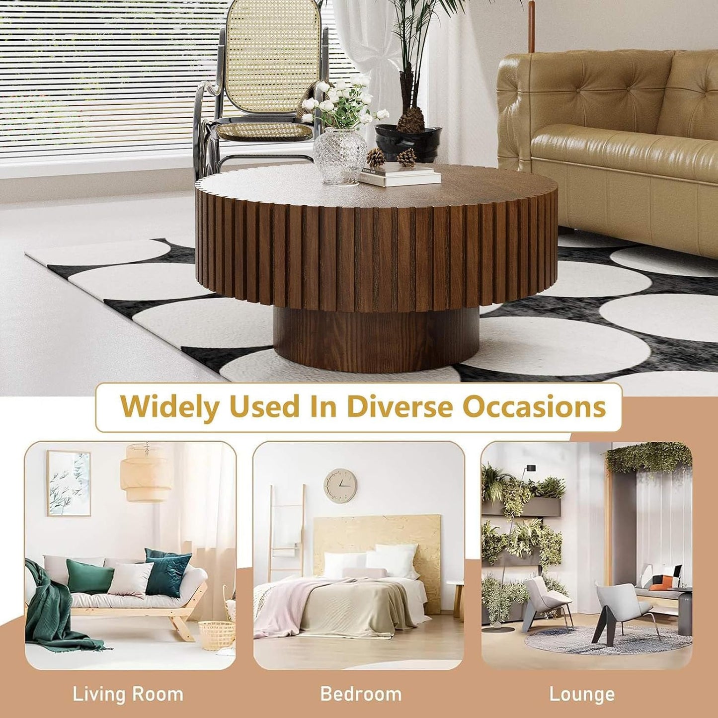Mid Century Modern Round Fluted Coffee Table (J) | Handcraft Drum Coffee Table, Sturdy Pedestal, Wood Veneer Top, for Living Room Reception Room Farmhouse