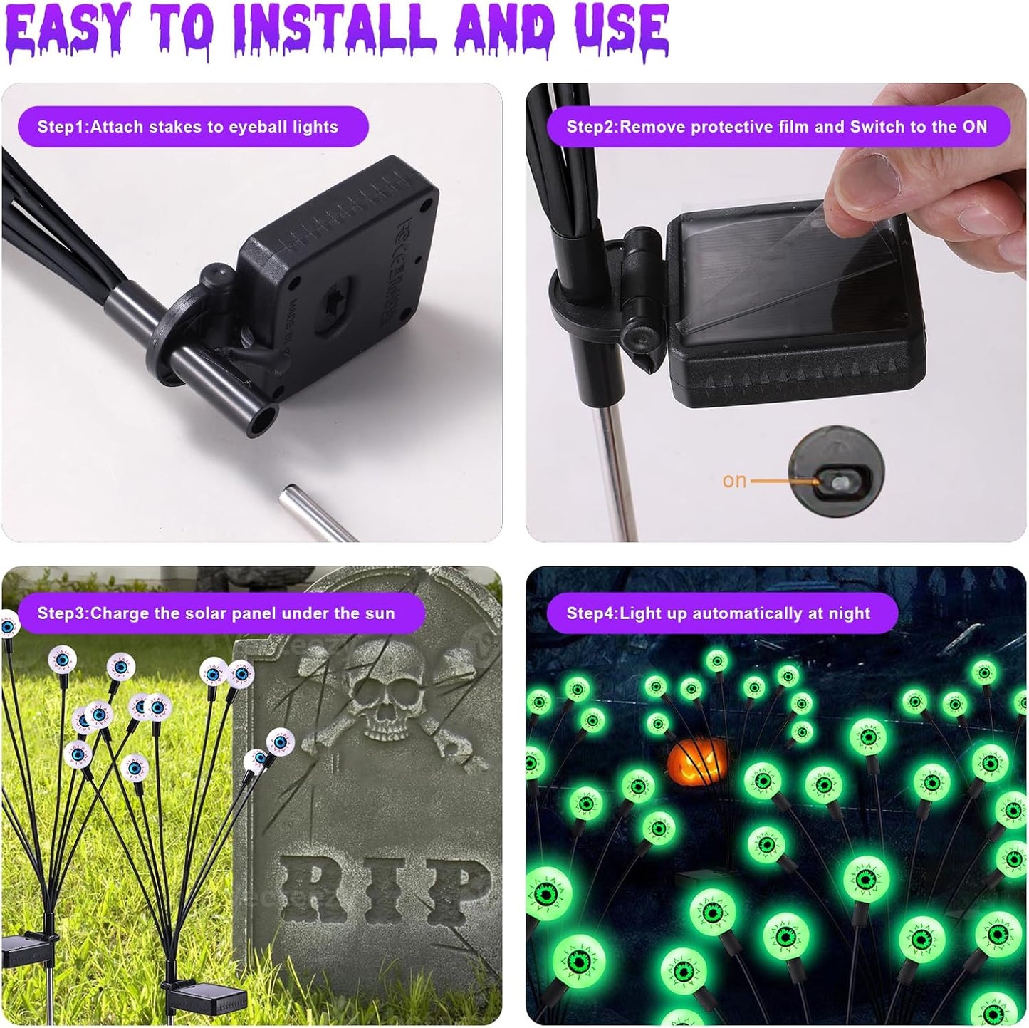 ASMAD Halloween Decorations Outdoor Solar Scary-Eyeball Lights, 4Pack 32LEDs Green Eyeball Swaying Firefly-Lights, Waterproof Solar-Path-Lights for Garden/Yard/Patio/Party Decor