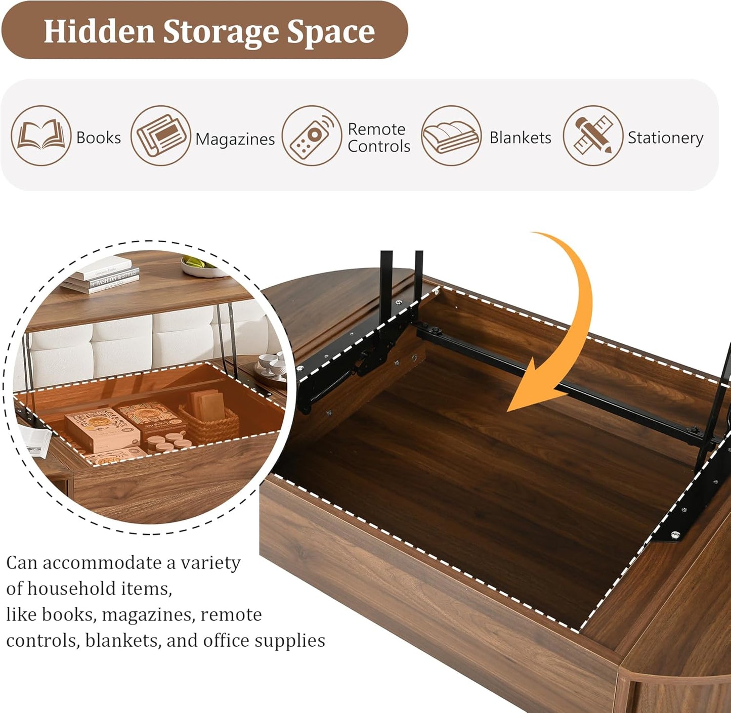 47.2" Lift Top Coffee Table with Hidden Compartment, Modern Oval Fluted Wooden Center Table Cocktail Tea Table with Curved Safety Corners and Adjustable Height for Living Room, Brown