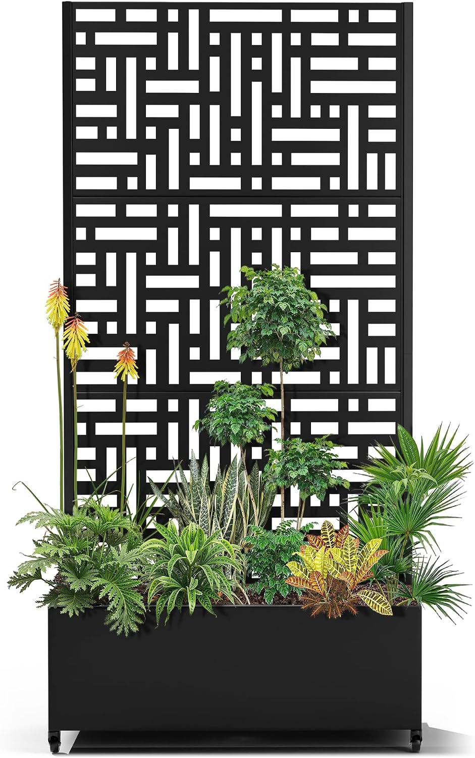 15.7"×70.9"×35.4" Metal Raised Garden Bed with Trellis and Wheels - Tall Trellis Planter Box for Climbing Plants, Vegetables & Vines - Outdoor Privacy Planters for Patio (Black-Helen)