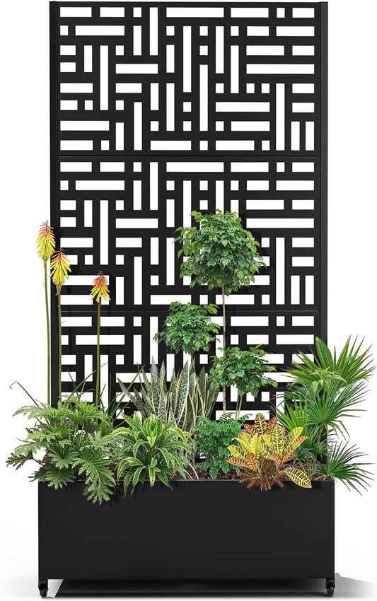 15.7"×70.9"×35.4" Metal Raised Garden Bed with Trellis and Wheels - Tall Trellis Planter Box for Climbing Plants, Vegetables & Vines - Outdoor Privacy Planters for Patio (Black-Helen)