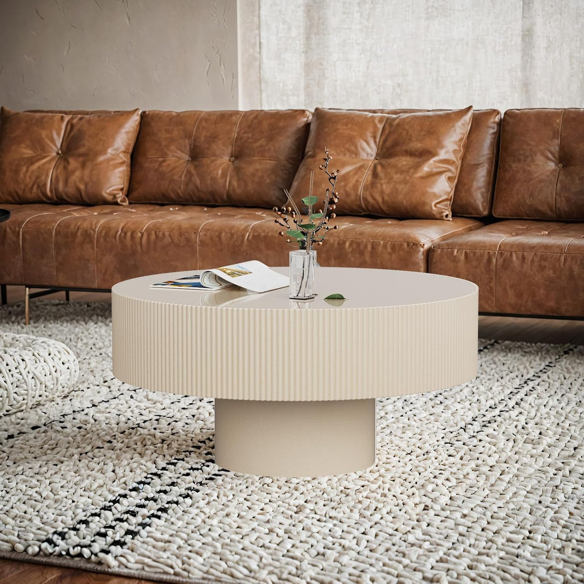 30.9" Cream Rustic Drum Round Coffee Table (C30.9in)