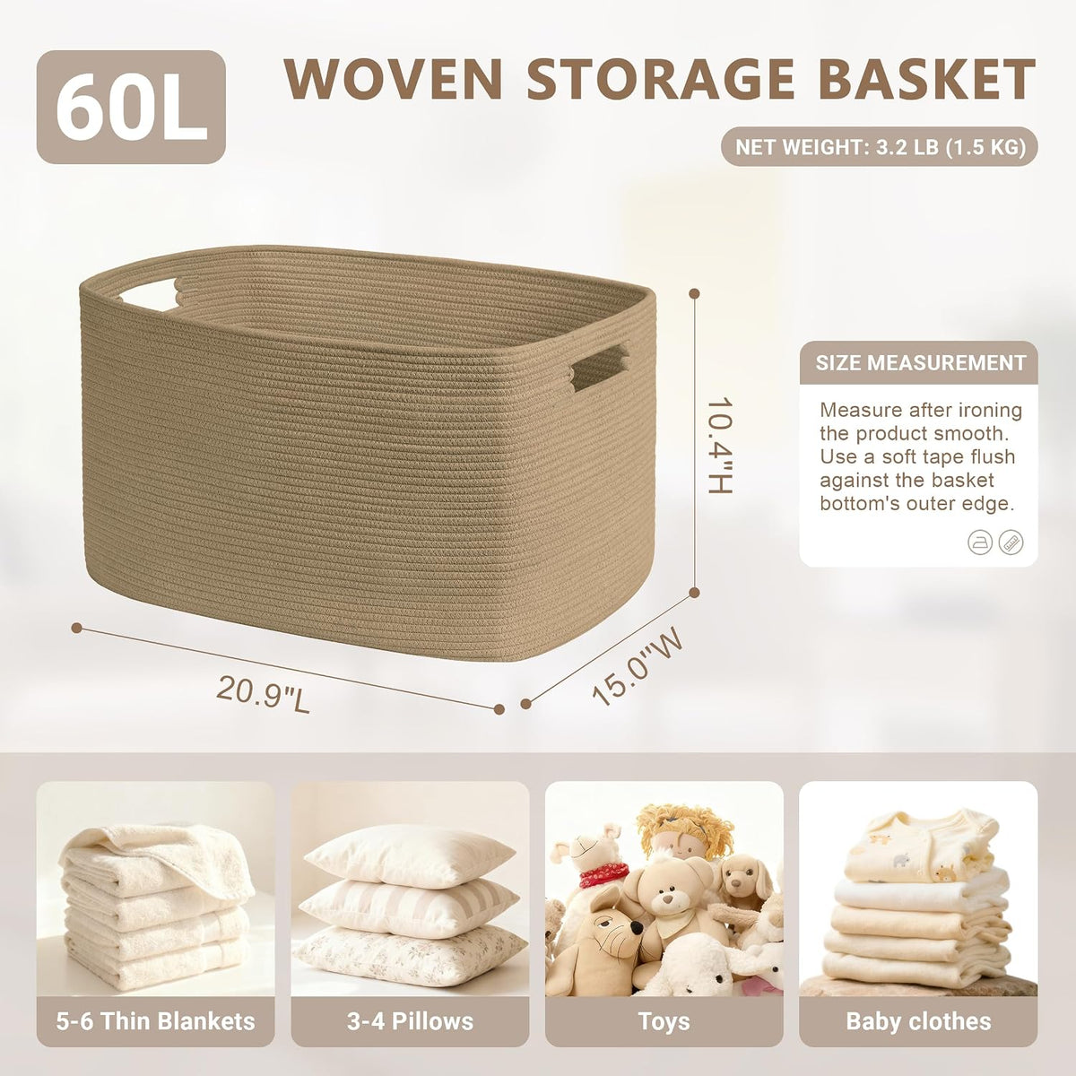 60L Woven Laundry Basket Hamper with Handles, Jute