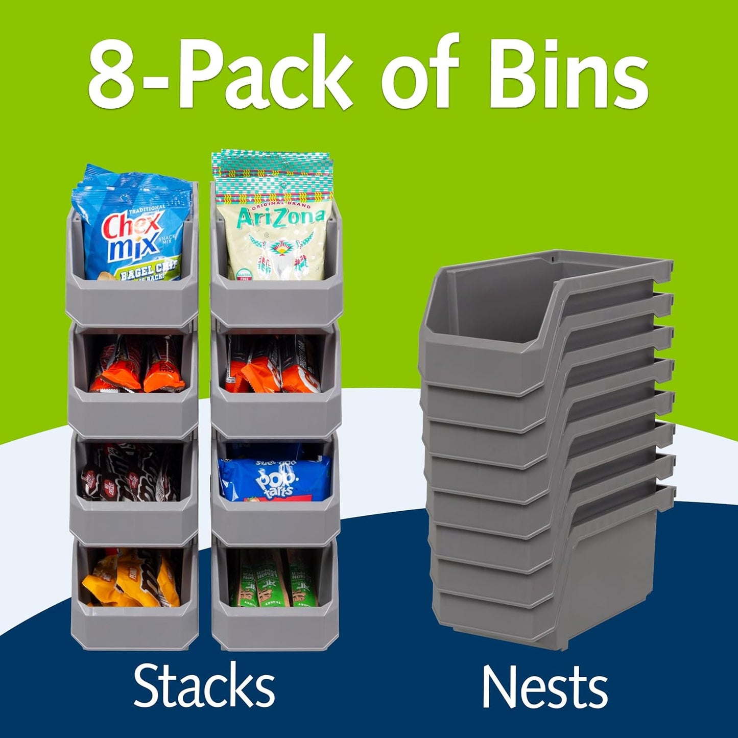 ReadySpace Plastic Containers for Organizing and Storage Bins for Closet, Kitchen, Office, Garage or Pantry Organization, Stackable Bins, Medium (11" x 5" x 5.5"), 8-Pack, Grey