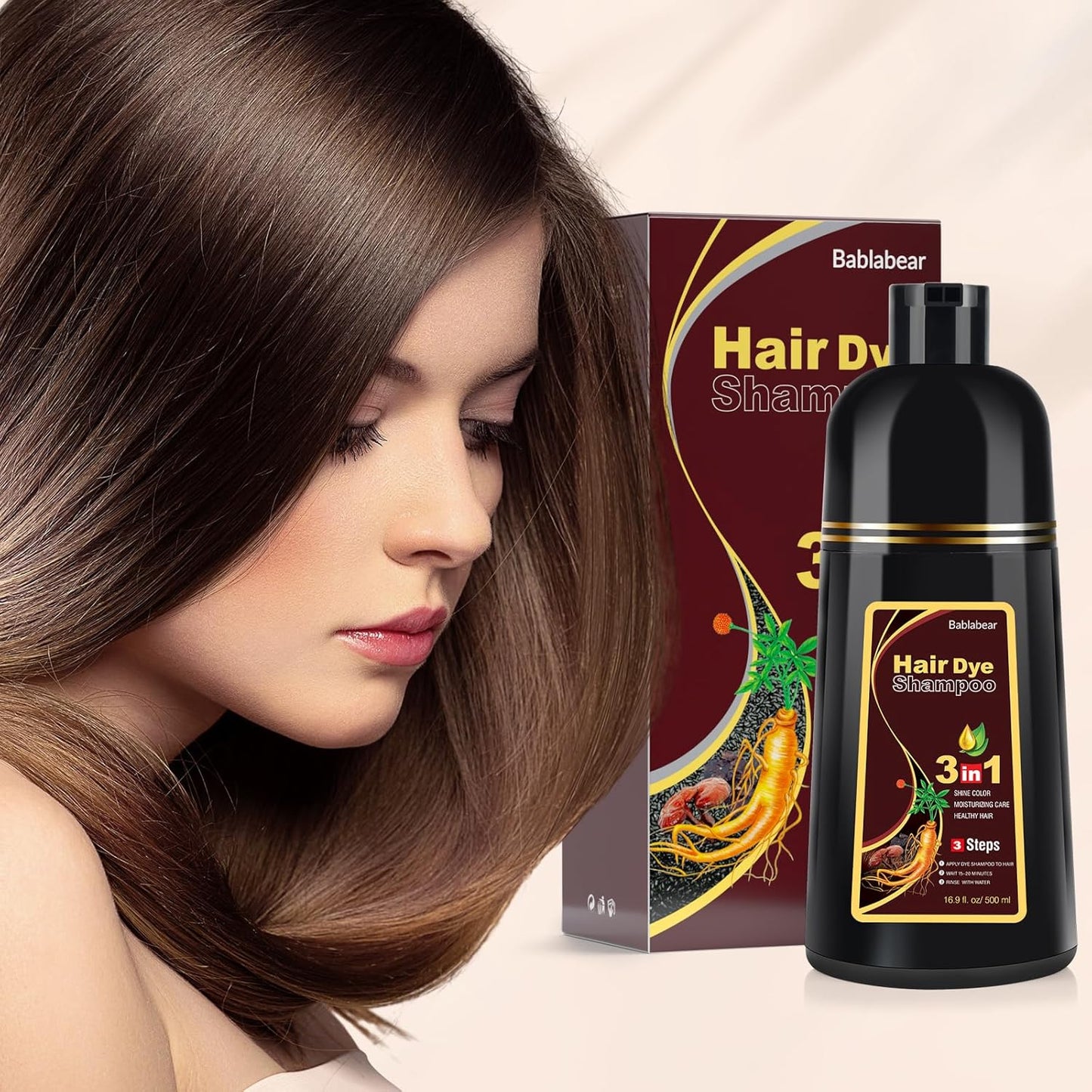 Bablabear Dark Brown Hair Color Shampoo for Gray Hair 500ML Instant Hair Dye Shampoo for Men & Women-3 in 1 Color Shampoo