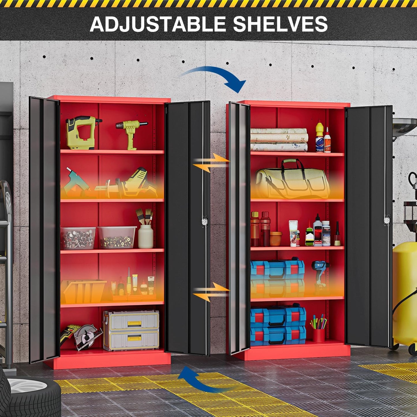 Fesbos Metal Storage Cabinet-71” Tall Steel File Cabinets with Lockable Doors and Adjustable Shelves-Black&Red Steel Storage Cabinet for Home,Kitchen, School, Office, Garage