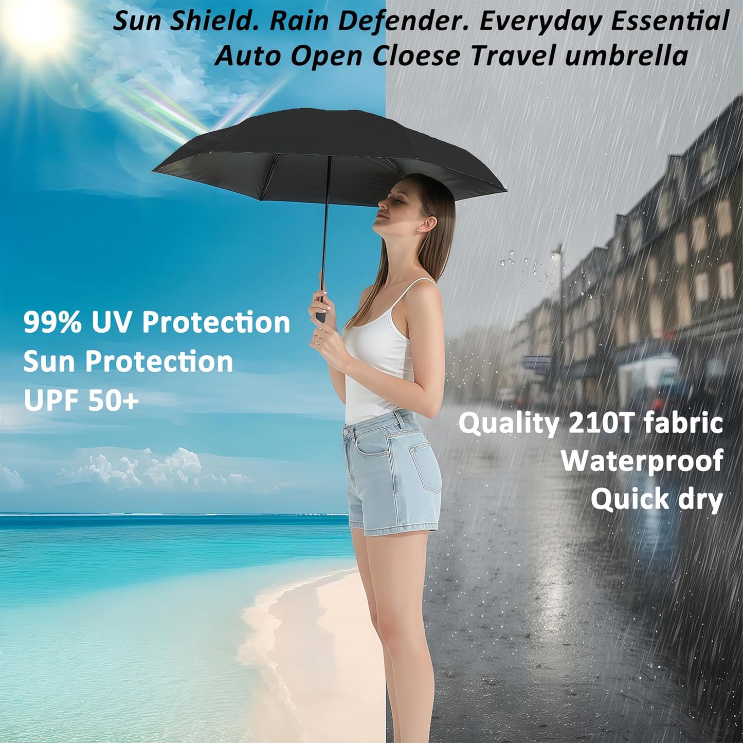 BAODINI Small UV Protection Travel Umbrella Compact for Rain and Sun UPF 50+ Windproof Portable 42 inch Umbrella for Women and Men