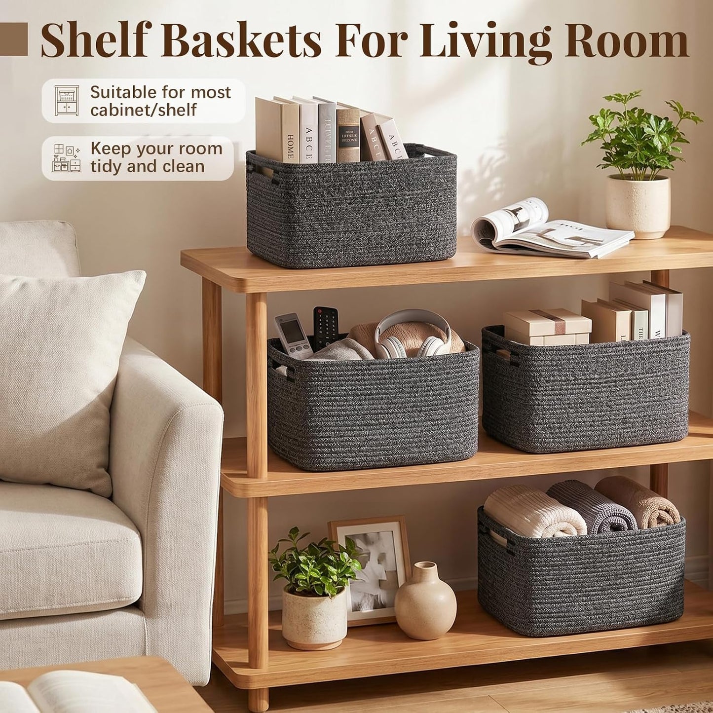 OIASKET 4Packs Natural Cotton Rope Storage Baskets for Organizing Toys, Clothes, Towels & Books, Soft Versatile Organizers for Shelves, Home Decorative Bins, 13''Lx9''Wx7.8''H, Black and White