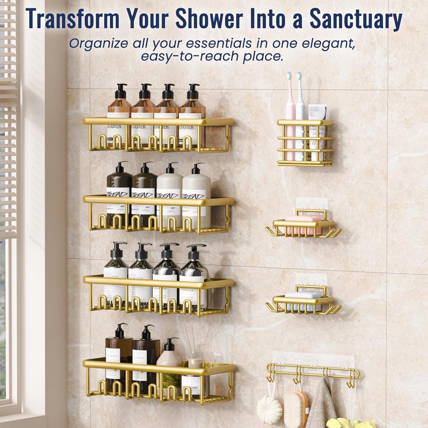 8 Pack Adhesive Rustproof Shower Caddy with Soap Dishes, Toothbrush Holder & Hooks, Large Capacity No-Drilling Shower Shelves Rack for Bathroom Organizers and Storage Accessories, Gold