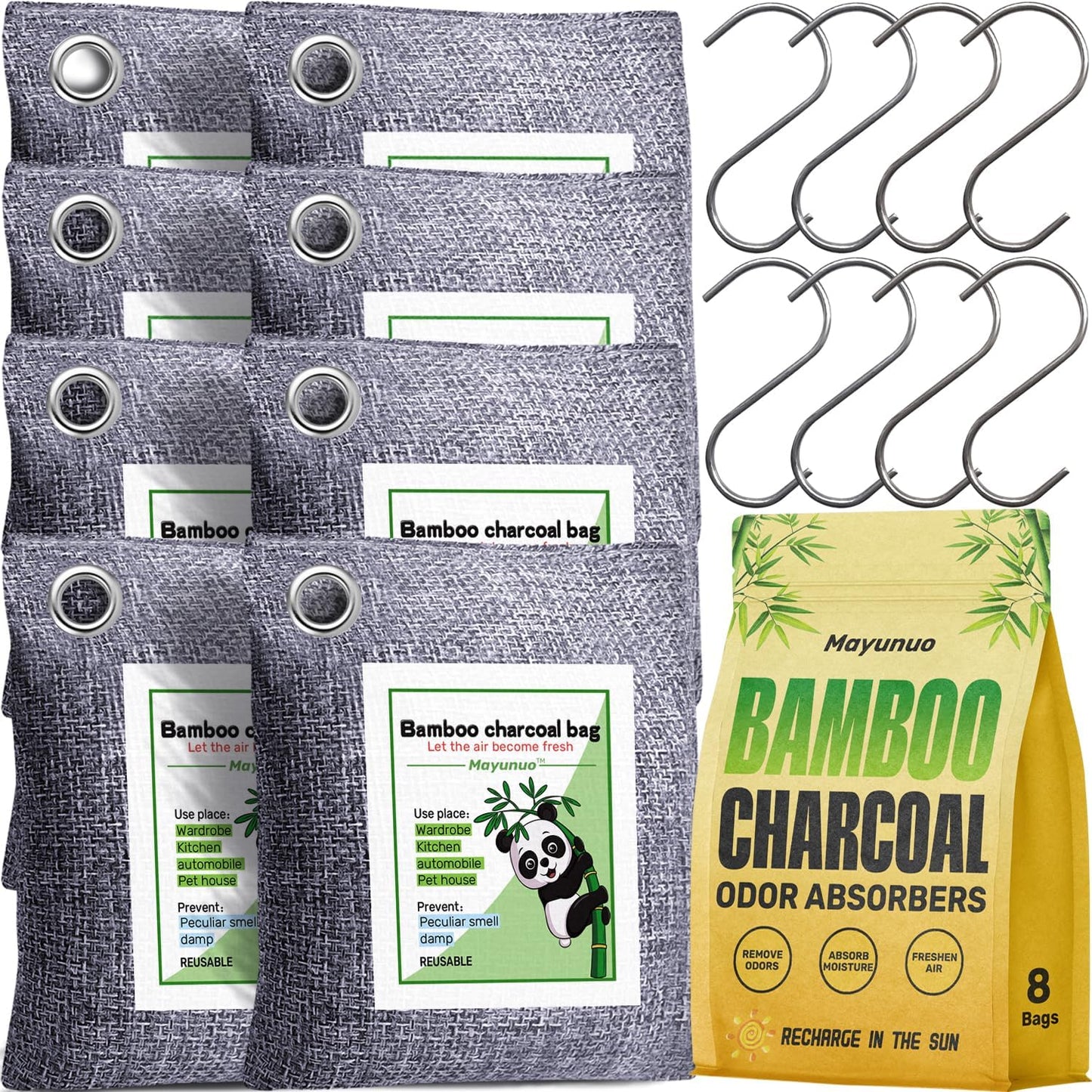 Activated Charcoal Odor Absorber for Strong Odor, Basement, Cars, Closets, Shoes, Smoke. 8 Pack Bamboo Charcoal Air Purifying Bags Deodorizer Odor Eliminator for Home