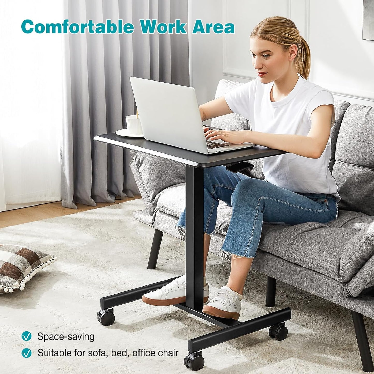 DUMOS Small Standing Desk Mobile Portable Rolling Laptop PC Table on Wheels Adjustable Height Computer Workstation for Home Office, Space Saving Desk for Bedroom Study Use, 19 Inch, Black