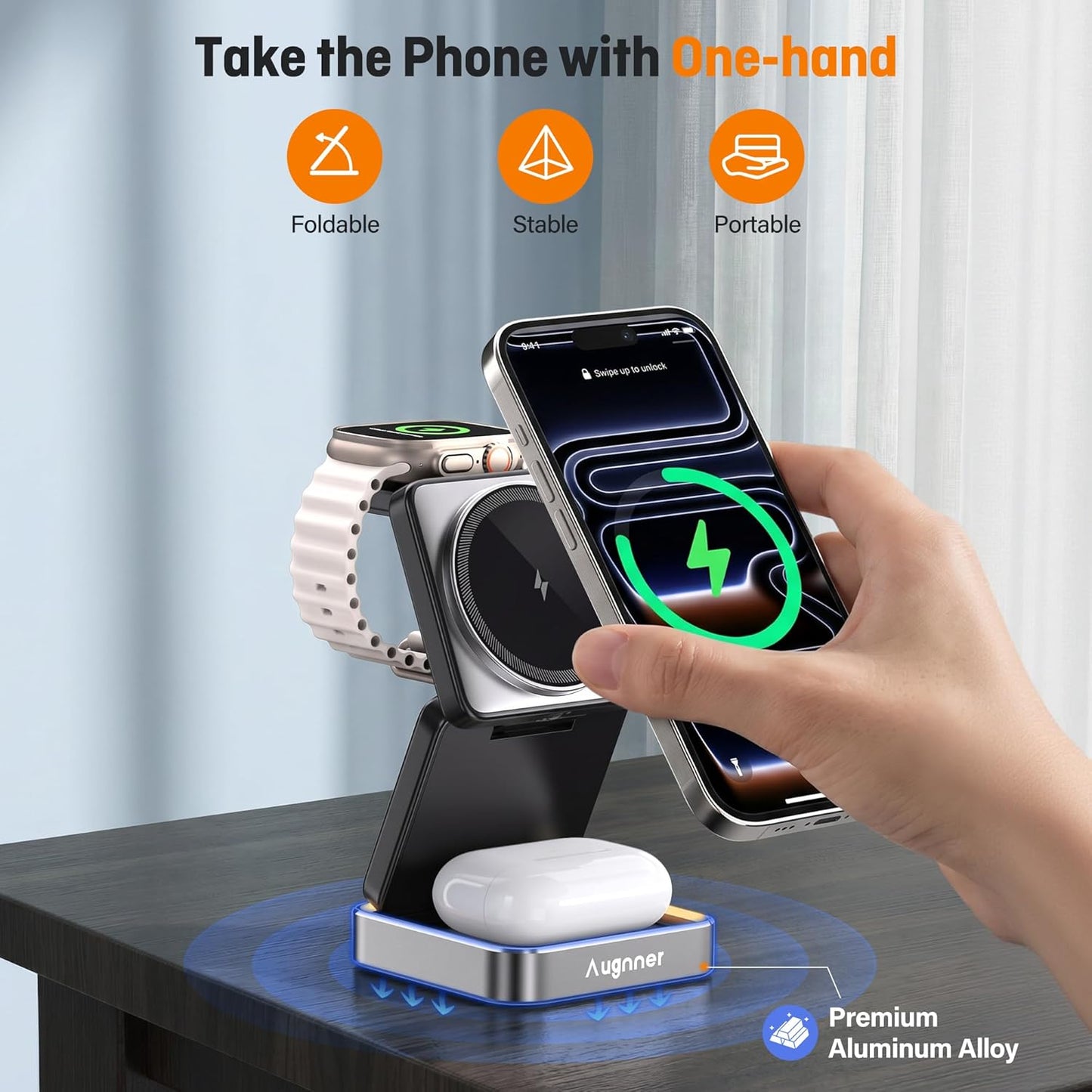 【2026 Upgraded】 Wireless Charger 3 in 1, Foldable Wireless Charging Station with Light for Apple Magnetic Charger, Travel Magnetic Charger Stand, Nightstand Fast 15W Charging Station (20W Adapter)
