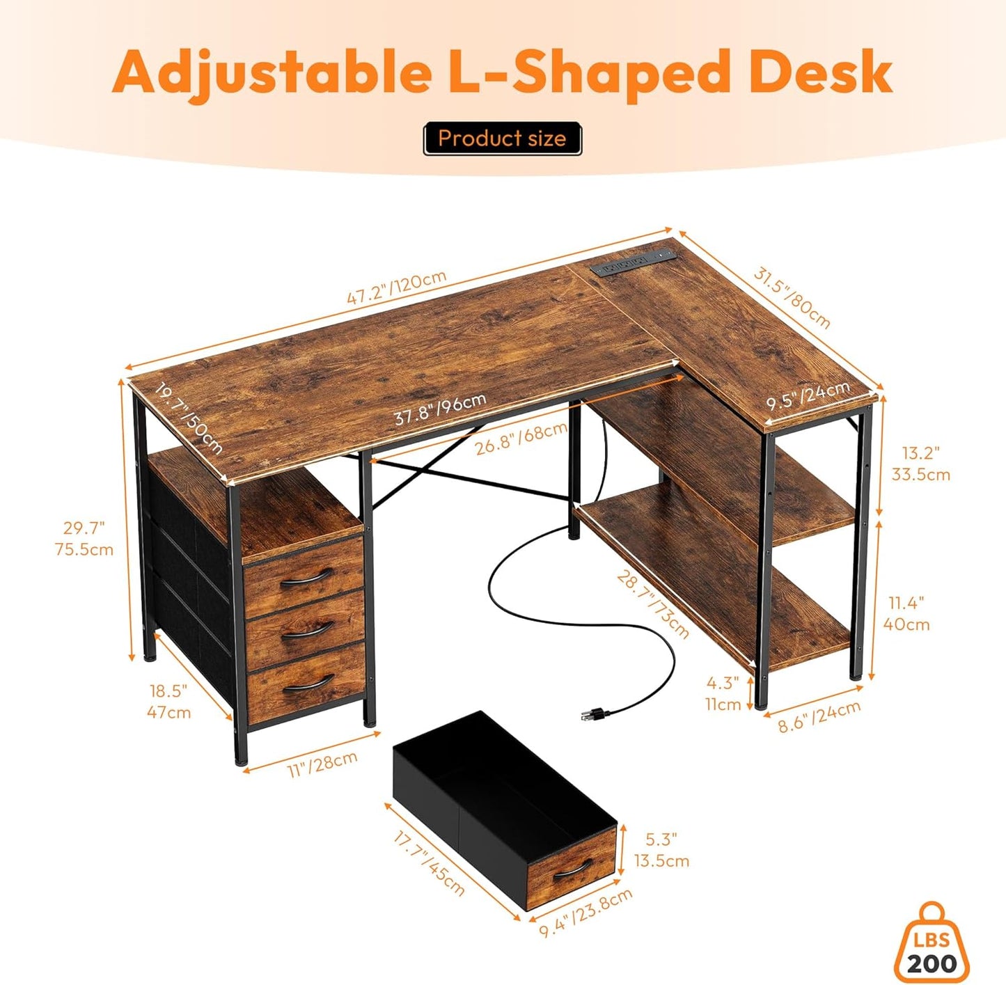 Alpen L Shaped Computer Desk, 47 Inch Corner Desk with Drawers and Power Outlets, Home Office Desk for Gaming, Study Writing PC Table with Storage and Reversible Shelf, Rustic Brown