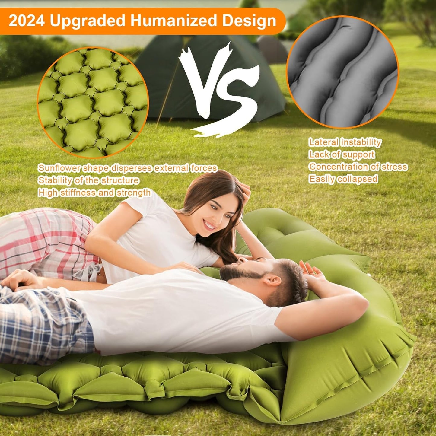 Double Sleeping Pad, Ultralight 4" Extra-Thick Self Inflating Sleeping Mat for 2 Person with Pillow Built-in Foot Pump Portable Camping Mat for Backpacking, Hiking, Traveling, Tent, Camping
