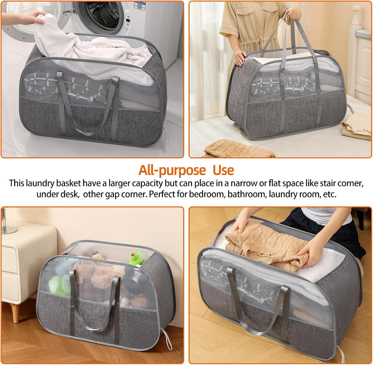 Collapsible Laundry Baskets with Easy Carry Handles, 95L Clothes Hamper for Storage, Foldable Laundry Basket Tear-proof, Large Pop Up Hampers for Laundry, Bedroom, Bathroom, Dorm Grey