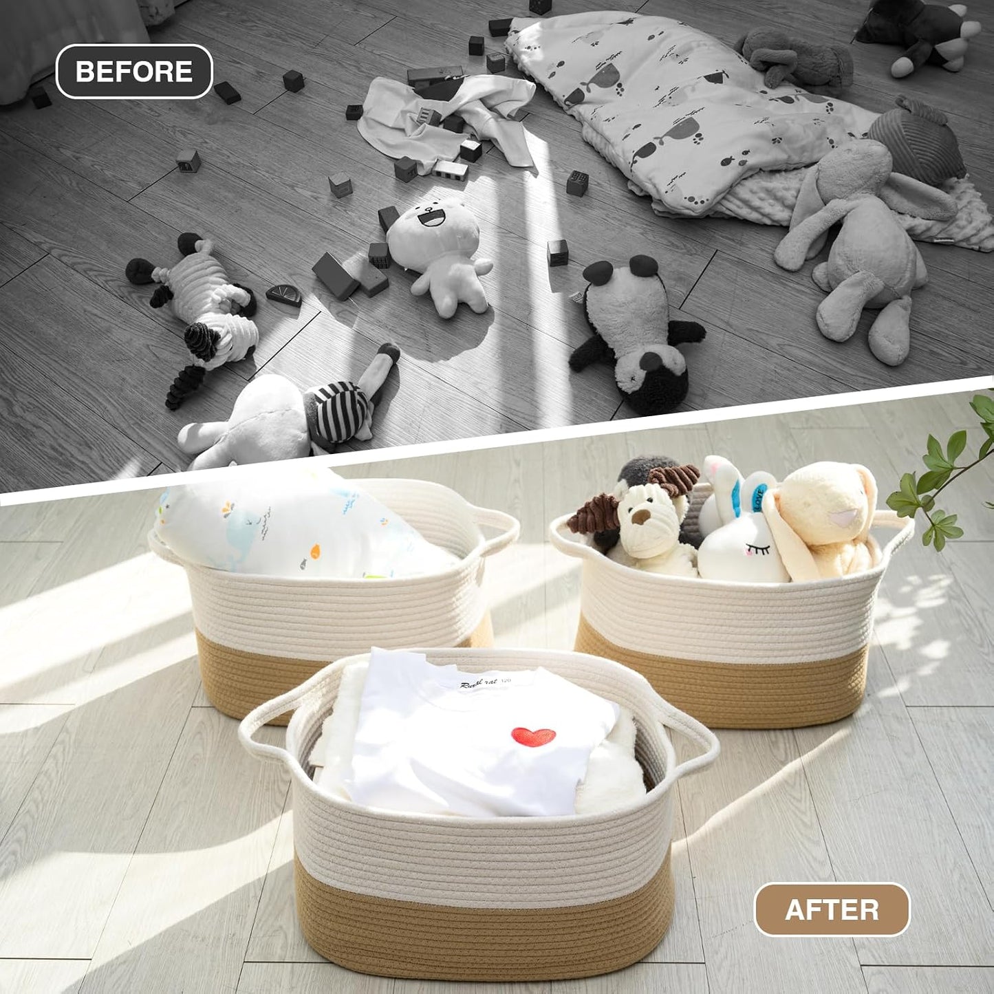 DUHEL Cotton Rope Woven Storage Basket (White&Khaki-3PCS) | Used for Baby Hamper Toy Organizer, Gift Baskets Empty,Kids,Baby,nursery. Size 15x10x8.7 Inches.