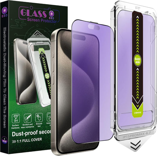 2 Pack Anti Blue Light Matte Screen Protector for iPhone 15 Pro Max (6.7-Inch),9H Tempered Glass,Anti-Glare,Full Coverage,Anti-Fingerprint,Auto Dust Removal,Bubble-Free
