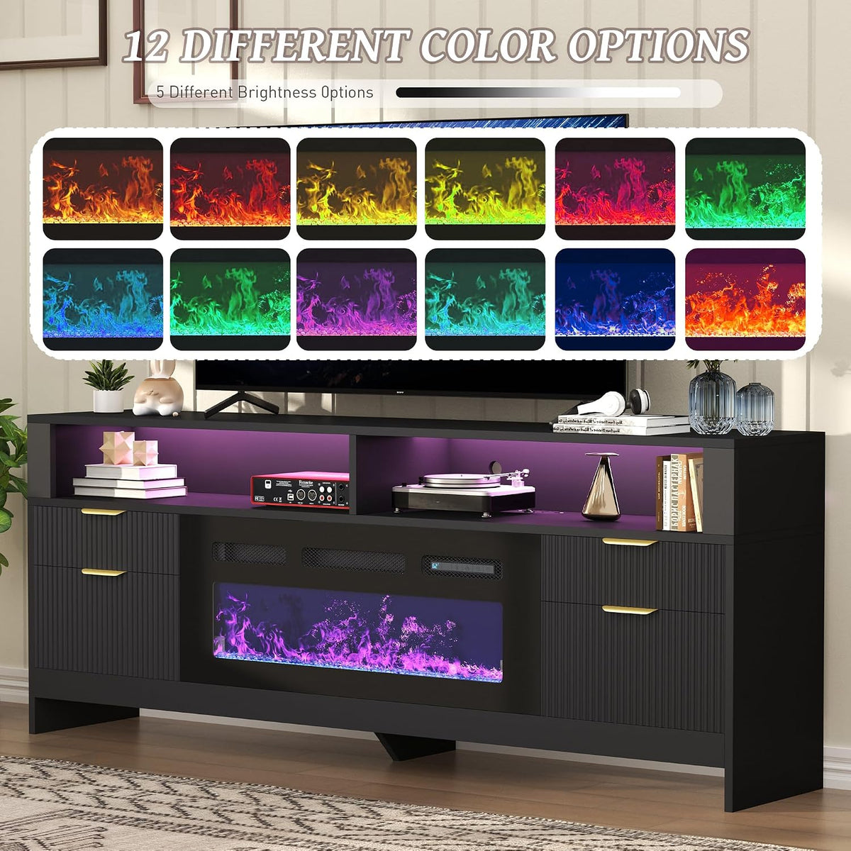 Fireplace TV Stand with 36" Fireplace Up to 80" TVs, 70" Entertainment Center with LED Lights, Storage Cabinets, Modern TV Console for Living Room,Bedroom (Black)